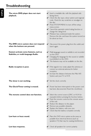 Page 38English
38
Troubleshooting
✔Inser t a readable disc with the playback side
facing down.
✔Check the disc type, colour system and regional
code. Check for any scratches or smudges on
the disc.
✔Press SYSTEM MENU to turn off the setup
menu screen.
✔Cancel the parental control rating function or
change the rating level.
✔Moisture has condensed inside the system.
Remove the disc and leave the system turned on
for about an hour.
✔Disconnect the power plug from the outlet and
inser t again.
✔Multi-language...