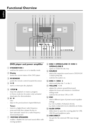 Page 1414
English
Functional Overview
DVD player and power amplifier
1
STANDBY-ON y
–switches the system on or to standby mode.
2Display
–shows the current status of the DVD player.
3IR SENSOR
–points the remote control towards this sensor.
4ÉÅ
–star ts or inter rupts disc playback.
5 STOP 9
–stops disc playback or erases a program.
–in Demo mode (on the system only), activates/
deactivates the demonstration.
6¡ / ™
Disc:
–skips to the previous/next chapter/title/track.
Tuner:
–tunes to a higher/lower radio...