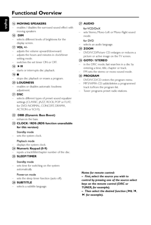 Page 1616
English
Functional Overview
%MOVING SPEAKERS
–enables / disables the surround sound effect with
moving speakers
^DIM
–selects different levels of brightness for the
display screen.
&VOL +/-
–adjusts the volume upward/downward.
–adjusts the hours and minutes in clock/timer
setting mode.
–switches the set timer ON or OFF.
*ÉÅ
–star ts or inter rupts disc playback.
(9
–stops disc playback or erases a program.
)LOUDNESS
–enables or disables automatic loudness
adjustment.
¡DSC
–selects different types of...
