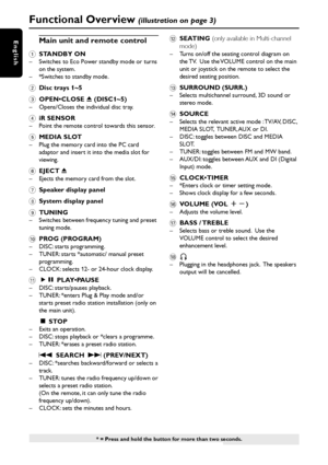 Page 1616
English
Functional Overview (illustration on page 3)
* = Press and hold the button for more than two seconds.
@SEATING (only available in Multi-channel
mode)
– Turns on/off the seating control diagram on
the TV.  Use the VOLUME control on the main
unit or joystick on the remote to select the
desired seating position.
#SURROUND (SURR.)– Selects multichannel surround, 3D sound or
stereo mode.
$SOURCE– Selects the relevant active mode : TV/AV, DISC,
MEDIA SLOT,  TUNER, AUX or DI.
– DISC: toggles between...