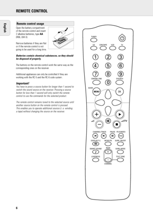 Page 7REMOTE CONTROL
6
Open the battery compartment 
of the remote control and insert
2 alkaline batteries, type AA
(R06, UM-3).
Remove batteries if they are flat
or if the remote control is not
going to be used for a long time.
Batteries contain chemical substances, so they should
be disposed of properly.
The buttons on the remote control work the same way as the
corresponding ones on the receiver. 
Additional appliances can only be controlled if they are
working with the RC-5 and the RC-6 code system....