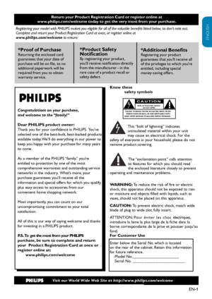 Page 2EN-1
ENGLISH
FRANÇAISE
ESPAÑOL
Know these               safety symbols
This “bolt of lightning” indicates  uninsulated material within your unit  may cause an electrical shock. For the safety of everyone in your household, please do not remove product covering.
The “exclamation point” calls attention to features for which you should read the enclosed literature closely to prevent operating and maintenance problems.
 WARNING: To reduce the risk of fire or electric shock, this apparatus should not be...
