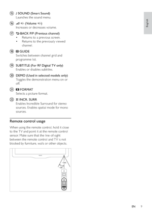 Page 119
o  SOUND (Smart Sound)
Launches the sound menu.
p 
 +/- ( Volume +/-)
Increases or decreases volume.
q 
 BACK P/P (Previous channel)
Returns to a previous screen. • 
Returns to the previously viewed  • 
channel.
r 
 GUIDE
Switches between channel grid and 
programme list.
s  SUBTITLE (For RF Digital TV only)
Enables or disables subtitles.
t  DEMO (Used in selected models only)
Toggles the demonstration menu on or 
off.
u 
 FORMAT
Selects a picture format.
v 
 INCR. SURR
Enables Incredible Surround for...