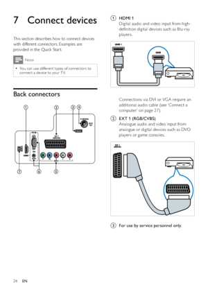 Page 2624
a HDMI 1
Digital audio and video input from high-
deﬁnition digital devices such as Blu-ray 
players.
  
Connections via DVI or VGA require an 
additional audio cable (see ‘Connect a 
computer’ on page 27).
b  EXT 1 (RGB/CVBS)
Analogue audio and video input from 
analogue or digital devices such as DVD 
players or game consoles.
  
c  For use by service personnel only.
7 Connect devices
This section describes how to connect devices 
with different connectors. Examples are 
provided in the Quick Star...