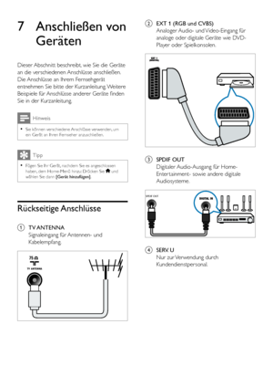 Page 3432DE
7 Anschließen von 
Geräten
Dieser Abschnitt beschreibt, wie Sie die Geräte 
an die verschiedenen Anschlüsse anschließen. 
Die Anschlüsse an Ihrem Fernsehgerät 
entnehmen Sie bitte der Kurzanleitung. Weitere 
Beispiele für Anschlüsse anderer Geräte finden 
Sie in der Kurzanleitung.
Hinweis
 •Sie können verschiedene Anschlüsse verwenden, um ein Gerät an Ihren Fernseher anzuschließen.
Tipp
 •Fügen Sie Ihr Gerät, nachdem Sie es angeschlossen haben, dem Home-Menü hinzu: Drücken Sie  und wählen Sie dann...