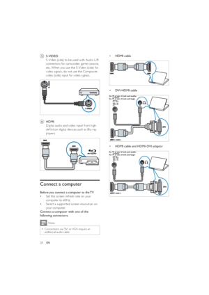 Page 3028
• HDMI cable
 
• DVI - HDMI cable
 
• HDMI cable and HDMI-DVI adaptor
 
DVI
LEFT / RIGHT
HDMI 1/ DVIAUDIO IN :PC IN(AUDIO)For TV of size 26 inch and largerFor TV of size 22 inch and smaller
HDMI 2/ DVI
/ HDMI 2
VGA
DVI
/ HDMI 2
LEFT / RIGHT
HDMI 1/ DVIAUDIO IN : PC IN(AUDIO)For TV of size 26 inch and larger
HDMI 2/ DVI
VGA
For TV of size 22 inch and smaller
e S-VIDEO
S-Video (side) to be used with Audio L /R 
connectors for camcorder, game console, 
etc. When you use the S-Video (side) for 
video...