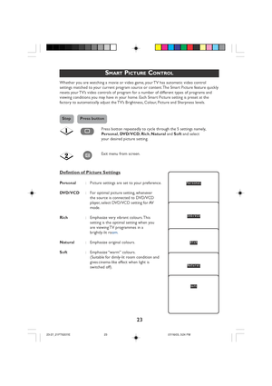 Page 23
23
SMART PICTURE CONTROL
Whether you are watching a movie or video game, your TV has automatic video control
settings matched to your current program source or content. The Smart Picture feature quickly
resets your TV’s video controls of program for a number of different types of programs and
viewing conditions you may have in your home. Each Smart Picture setting is preset at the
factory to automatically adjust the TV’s Brightness, Colour, Picture and Sharpness levels.
Press botton repeatedly to cycle...