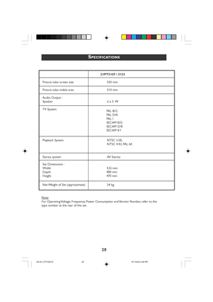 Page 28
28
SPECIFICATIONS
Note
For Operating Voltage, Frequency, Power Consumption and Version Number, refer to the
type number at the rear of the set.
28-29_21PT5207/E07/16/03, 3:26 PM
28
Acr41.pdf   2005-09-08   1:56:22 PMAcr41.pdf   2005-09-08   1:56:22 PM
21PT5107 / 5121
Picture tube screen size      550 mm
Picture tube visible area      510 mm
Audio Output :
Speaker          2 x 5  W
TV System      PAL B/G
PAL D/K
PAL I
SECAM B/G
SECAM D/K
SECAM K1
Playback System        NTSC 3.58, 
          NTSC 4.43,...