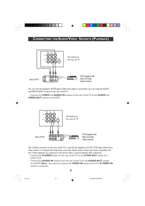 Page 6
6
You can view the playback of VCR tapes (Video Disc players, camcorders, etc .) by using the AUDIO
and VIDEO INPUT sockets on the rear of the TV.
– Connect the  VIDEO and  AUDIO IN  sockets on the rear of the TV to the  AUDIO  and
VIDEO OUT  sockets on the VCR.
The S-Video connection on the rear of the TV is used for the playback of S-VHS  VCR tapes, Video Discs,
Video Games or Compact Disc-Interactive (cd-i) discs. Better picture detail and clarity is possible with
the S-Video playback as compared to...