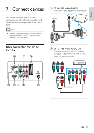 Page 2927
a  PC IN (VGA and AUDIO IN)
Audio and video input from a computer.
 
b  EXT 2 (Y Pb Pr and AUDIO L/R)
Analogue audio and video input from 
analogue or digital devices such as DVD 
players or game consoles.
 
VGA
VGA
PC IN(AUDIO)
 
7 Connect devices
This section describes how to connect 
various devices with different connectors and 
supplements examples provided in the Quick 
Star t.
Note
Different types of connectors may be used to   •
connect a device to your TV, depending on 
availability and your...