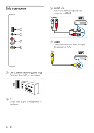 Page 2826
c AUDIO L/R
Audio input from analogue devices 
connected to VIDEO.
  
d VIDEO
Composite video input from analogue 
devices such as VCRs.
  
Side connectors
  
a  USB (Used for software upgrade only)
Data input from USB storage devices.
  
b 
Stereo audio output to headphones or 
earphones.
EN
 