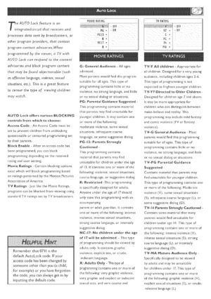 Page 19  
heAUTOLockfeatureisan 
ntegratedcircuitthatreceivesand 
processesdatasentbybroadcasters,or 
otherprogramproviders,thatcontain 
programcontentadvisories,When 
programmedbytheviewer,aTVwith 
AUTOLockcanrespondtothecontent 
advisoriesandblockprogramcontent 
thatmaybefoundobjectionable(such 
asoffensivelanguage,violence,sexual 
situations,etc).Thisisagreatfeature 
tocensorthetypeofviewingchildren 
maywatch_ 
AUTOLockoffersvarlousBLOCKING 
controlsfromwhichtochoose: 
AccessCode-AnAccessCodemustbe...