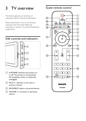 Page 86EN
Guest remote control
 
sa
b
c
d
e
f
g
h
i
j
k
m
o p
q r
u
t
n l
3 TV overview
This section gives you an over view of 
commonly used TV controls and functions.
Please read section 3 to 6 to set the basic 
consumer menu first, then follow the 
instructions in section 7 to set the Professional 
mode menu.
Side controls and indicators
 
a  POWER: Switches the product on 
or off. The product is not powered 
off completely unless it is physically 
unplugged.
b 
P/CH +/-: Switches to the next or 
previous...