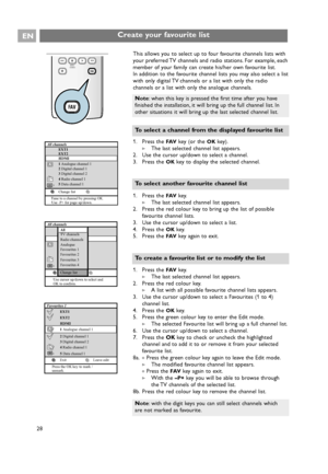 Page 28Create your favourite listEN
28
®® ®
®
MHEG
CANCEL
v
†
π
‡
Ò
FAV®
FAV
This allows you to select up to four favourite channels lists with
y
our preferred TV channels and radio stations. For example, each
member of your family can create his/her own favourite list.
In addition to the favourite channel lists you may also select a list
with only digital TV channels or a list with only the radio
channels or a list with only the analogue channels.
1. Press the 
FAVke y (or the OKkey).
> The last selected...