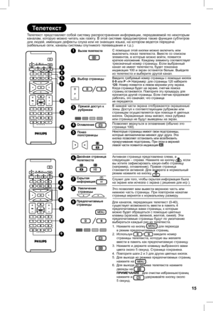 Page 19
15

Телетекст
Телетекст представляет собой систему распространения информации, передаваемой по некоторым каналам, которую можно читать как газету. В этой системе предусмотрена также функция субтитров для людей, имеющих дефекты слуха или не знающих языка, на котором ведется передача (кабельные сети, каналы системы спутникого телевещания и т.д.).
С помощью этой кнопки можно включить или  выключить показ телетекста. Вместе со списком  элементов, в которые можно войти, появится краткое изложение. Каждому...