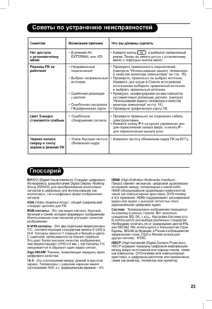 Page 27
23

DVI DVI (Digital Visual Interface): Стандарт цифрового Интерфейса, разработаний Digital Display Working Group (DDWG) для преобразования аналоговых сигналов в цифровые для использования как аналоговых, так и цифровых форм отображения сигнала.
VGA (Video Graphics Array) : общий графический стандарт дисплея для ПК.
RGB сигналы : Это три видео сигнала, Красный,  Зеленый и Синий, которые формируют изображение. Использование этих сигналов улучшает качество изображения.
S-VHS сигналы : Это два отдельных...