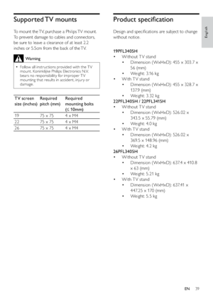 Page 4139
Product speciﬁcation
Design and speciﬁcations are subject to change 
without notice.
  
19PFL3405H
Without T V stand • 
Dimension ( WxHxD): 455 x 303.7 x  • 
56 (mm)
Weight: 3.16 kg • 
With T V stand • 
Dimension ( WxHxD): 455 x 328.7 x  • 
13 7. 9  (m m)
Weight: 3.32 kg • 
22PFL3405H / 22PFL3415H
Without T V stand • 
Dimension (WxHxD): 526.02 x  • 
343. 5 x 55.79 (mm)
Weight: 4.0 kg • 
With T V stand • 
Dimension (WxHxD): 526.02 x  • 
369.5 x 148.96 (mm)
Weight: 4.2 kg • 
26PFL3405H 
Without T V...