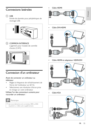 Page 3735
Français
FR
Connexions latérales
a USB
Entrée de données pour périphériques de 
stockage USB.
 
b COMMON INTERFACE
Logement pour module de contrôle 
d'accès (CAM).
 
Connexion d'un ordinateur
Avant de connecter un ordinateur au 
téléviseur
• Réglez la fréquence de rafraîchissement de 
l'écran de l'ordinateur sur 60 Hz.
• Sélectionnez une résolution d'écran prise 
en charge sur votre ordinateur. 
Utilisez l'un des connecteurs suivants pour 
raccorder un ordinateur :
Remarque...