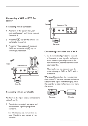 Page 30
EN-26
Connecting a VCR or DVD Re-
corder
Connecting with a EurocableAs shown in the ﬁ gure below, con-
nect aerial cables 1 and  2, and connect 
Eurocable 3.
Press the 
 key on the remote con-
trol display Source list.
Press the  ï key repeatedly to select  
 EXT2 and press the  Æ /   key to   
confirm your selection.
1 
3 2 
Recorder Rear of TV
Bottom of TV
Cable
Connecting with an aerial cable
As shown in the ﬁ gure below, connect aerial 
cables 1 and  2. Tune in the recorder’s test signal and...