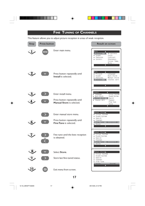 Page 1717
 FINE  TUNING OF CHANNELS
This feature allows you to adjust picture reception in areas of weak reception.Enter main menu.
Press button repeatedly until
Install is selected.
Enter install menu.
Press button repeatedly until
Manual Store  is selected.
Enter manual store menu.
Press button repeatedly until
Fine Tune  is selected.
Fine tune until the best reception
is obtained.
Select  Store.
Store last fine-tuned status.
Exit menu from screen.
Main o✔Picture πBrightness■Sound Color■Features...