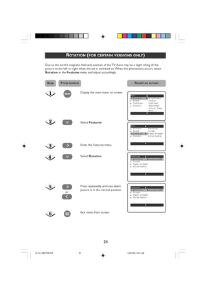 Page 2121
ROTATION (FOR CERTAIN VERSIONS ONLY)
Due to the earth’s magnetic field and position of the TV, there may be a slight tilting of the
picture to the left or right when the set is switched on. When this phenomena accurs, select
Rotation  in the Features  menu and adjust accordingly.
Main o✔Picture πBrightness■Sound Colour■Features Contrast■Install Sharpness
Colour Temp.
More...
œ
Maino■Picture Rotation■Sound Format✔Features πSignal Strength■InstallActive Control
œ
Features o✔Rotation...