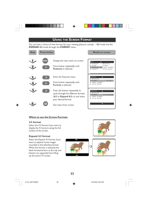 Page 2222
USING THE SCREEN FORMAT
You can have a choice of two formats for your viewing pleasure, namely : -  4:3 mode and the
EXPAND 4:3  mode through the  FORMAT menu.
Display the main menu on screen.
Press button repeatedly until
F eatures  is selected.
Enter the Features menu.
Press button repeatedly until
F ormat  is selected.
Press the button repeatedly to
cycle through the different formats
( 4:3  or Expand 4:3 ) or and select
y our desired format.
Exit menu from screen.
When to use the Screen Formats...