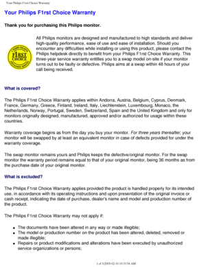 Page 103
Your Philips F1rst Choice Warranty
Your Philips F1rst Choice Warranty
Thank you for purchasing this Philips monitor. 
All Philips monitors are designed and manufactured to high standards and\
 deliver 
high-quality performance, ease of use and ease of installation. Should y\
ou 
encounter any difficulties while installing or using this product, pleas\
e contact the 
Philips helpdesk directly to benefit from your Philips F1rst Choice Warr\
anty. This 
three-year service warranty entitles you to a swap...