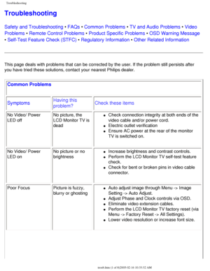 Page 63
Troubleshooting
Troubleshooting
Safety and Troubleshooting • FAQs • Common Problems • TV and Audio Problems • Video 
Problems • Remote Control Problems • Product Specific Problems • OSD Warning Message 
• Self-Test Feature Check (STFC) • Regulatory Information • Other Related Information
This page deals with problems that can be corrected by the user. If the \
problem still persists after 
you have tried these solutions, contact your nearest Philips dealer.
Common Problems 
SymptomsHaving this...