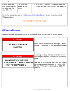 Page 68
Troubleshooting
Cannot adjust the 
LCD Monitor TV with 
the buttons at the 
side of the unitOSD does not 
appear on the 
screenl     Turn the LCD Monitor TV off and unplug the 
power cord and then plug back and power on.
For further assistance, refer to the Consumer Information Centers list and contact your local 
Philips distributor. RETURN TO TOP OF THE PAGE
OSD Warning Messages
A warning message may appear on the screen indicating the LCD Monitor TV\
 current status.
When user sees this warning...