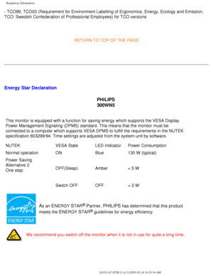 Page 72
Regulatory Information
- TCO99, TCO03 (Requirement for Environment Labelling of Ergonomics, En\
ergy, Ecology and Emission, 
TCO: Swedish Confederation of Professional Employees) for TCO versions
 
RETURN TO TOP OF THE PAGE 
 
 
Energy Star Declaration PHILIPS 
300WN5
This monitor is equipped with a function for saving energy which support\
s the VESA Display 
Power Management Signaling (DPMS) standard. This means that the monito\
r must be 
connected to a computer which supports VESA DPMS to fulfill...