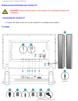 Page 89
Connecting to Your PC, TV Antenna, DVD/VCR etc.
Setting up and connecting your monitor/TV
CAUTION: Ensure that the power to the monitor/TV is switched off before the 
installation.
- Connecting the monitor/TV
l     Connect the cables to the rear of your monitor/TV according to the numbe\
rs:
TV model
file:///D|/My%20Documents/dfu/300WN5/english/300wn5/INSTALL/connect.htm \
(3 of 13)2005-02-16 10:33:47 AM 