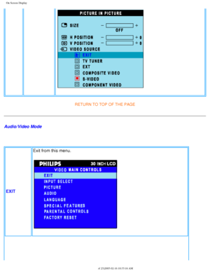 Page 32
On Screen Display
RETURN TO TOP OF THE PAGE
Audio/Video Mode 
 EXIT Exit from this menu.
file:///D|/My%20Documents/dfu/300WN5/english/300wn5/OSD/osddesc.htm (10\
 of 23)2005-02-16 10:33:16 AM 