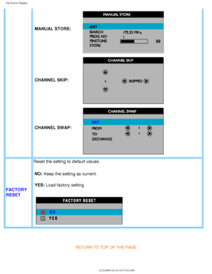 Page 44
On Screen Display
MANUAL STORE:  
CHANNEL SKIP:
CHANNEL SWAP: 
FACTORY 
RESET Reset the setting to default values.
NO: Keep the setting as current.
YES: Load factory setting 
 
RETURN TO TOP OF THE PAGE
file:///D|/My%20Documents/dfu/300WN5/english/300wn5/OSD/osddesc.htm (22\
 of 23)2005-02-16 10:33:16 AM 