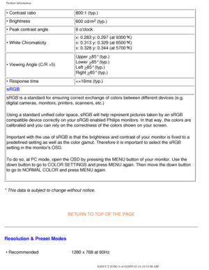 Page 8
Product Information
• Contrast ratio800:1 (typ.)
• Brightness  600 cd/m
2 (typ.) 
• Peak contrast angle 6 oclock
• White Chromaticity x: 0.283 y: 0.297 (at 9300°K)
x: 0.313 y: 0.329 (at 6500°K)
x: 0.328 y: 0.344 (at 5700°K) 
• Viewing Angle (C/R >5) 
Upper >85° (typ.)
Lower >85° (typ.)
Left >85° (typ.) 
Right >85° (typ.)
• Response time  