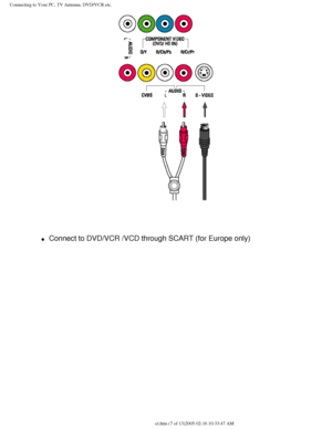 Page 93
Connecting to Your PC, TV Antenna, DVD/VCR etc.
 
l     Connect to DVD/VCR /VCD through SCART (for Europe only)
file:///D|/My%20Documents/dfu/300WN5/english/300wn5/INSTALL/connect.htm \
(7 of 13)2005-02-16 10:33:47 AM 