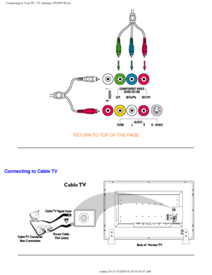 Page 96
Connecting to Your PC, TV Antenna, DVD/VCR etc.
RETURN TO TOP OF THE PAGE 
 
Connecting to Cable TV
file:///D|/My%20Documents/dfu/300WN5/english/300wn5/INSTALL/connect.htm \
(10 of 13)2005-02-16 10:33:47 AM 