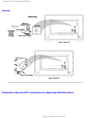 Page 97
Connecting to Your PC, TV Antenna, DVD/VCR etc.
 
Antenna
 
 
Progressive video and HDTV connections for digital high-definition pictu\
re
file:///D|/My%20Documents/dfu/300WN5/english/300wn5/INSTALL/connect.htm \
(11 of 13)2005-02-16 10:33:47 AM 