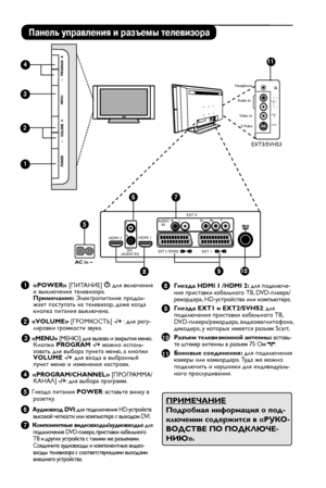 Page 6


Панель управления и разъемы телевизора
Headphone
Audio In
Video In
S-Video
AUDIO    INR
L
VIDEO    IN
S-VIDEO
11
67
8910
EXT 4
EXT 2 /SVHS2EXT 1DVI(AUDIO IN)
HDMI 2HDMI 1
AUDIO  R     LINPr      Pb       YL
R
5
AC in ~
1  «POWER» [ПИТАНИЕ] : для включения и выключения телевизора. Примечание: Электропитание продол-жает поступать на телевизор, даже когда кнопка питания выключена.
2   «VOLUME» [ГРОМКОСТЬ] -/+ : для регу-лировки громкости звука.
  3 «MENU» [МЕНЮ]: для вызова и закрытия меню. Кнопки...
