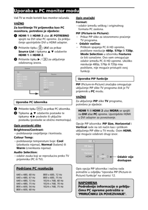 Page 1816 
UporabauPCmonitormodu
VašTVsemo=ekoristitikaomonitorra&unala. 
VA>NO

ZakorištenjeTVprijemnikakaoPC 
monitora,potrebnojesljedeEe:
A  HDMI1 iliHDMI2 ulazJEPOTREBNO 
spojitinaDVIizlazPCopreme.Zapriklju: 
&enjeupotrijebiteDVIuHDMIadapter.
B  Pritisnitetipku(AV )zaprikaz
SourceList itipkamaIH odaberite
HDMI1 iliHDMI2 .
C Pritisnitetipku 7/zauklju&enje
odabranogizvora.

UporabaPCizbornika
A...