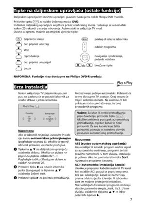 Page 97 
Tipkenadaljinskomupravljau(ostalefunkcije)
Daljinskimupravlja&emmo=eteupravljatiglavnimfunkcijamanekihPhilipsDVDmodela.
Pritisnitetipku
zaodabir=eljenogmoda: DVD.
Indikatordaljinskogupravlja&asvijetlizaprikazodabr anogmoda.Isklju&ujeseautomatski
nakon20sekundiustanjumirovanja.Automatskiseukl ju&ujeTVmod.
Ovisnooopremi,mo=eteupotrijebitisljede!etipke :

 pripravnostanje
brziprijelazunatrag
stop
 reprodukcija

brziprijelazunaprijed...