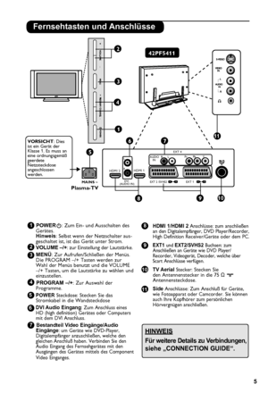 Page 7


  POWER.: Zum Ein- und Ausschalten des Gerätes.Hinweis: Selbst wenn der Netzschalter aus-geschaltet ist, ist das Gerät unter Strom.  VOLUME –/+: zur Einstellung der Lautstärke.   MEN ü: Zur Aufrufen/Schließen der Menüs. Die PROGRAM –/+ Tasten werden zur Wahl der Menüs benutzt und die VOLUME –/+ Tasten, um die Lautstärke zu wählen und einzustellen.
 PROGRAM –/+: Zur Auswahl der Programme.        POWER Steckdose: Stecken Sie das Stromkabel in die Wandsteckdose
6 DVI Audio...