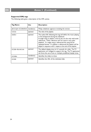 Page 54Annex 3  (Continued)
54
EN
Supported XML-tags
The following table gives a description of the XML syntax.
Tag Name
philips-slideshow
title
audio
slide-duration
slides
slideUse
mandatory
optional
optional
optional
mandatory
optionalDescription
Philips slideshow signature including the version.
The title of the playlist.
The audio-URL following this tag will define the music playing
in the background during the slideshow.
A single song or playlist (.m3u & .pls) are the only valid audio
references. Other...