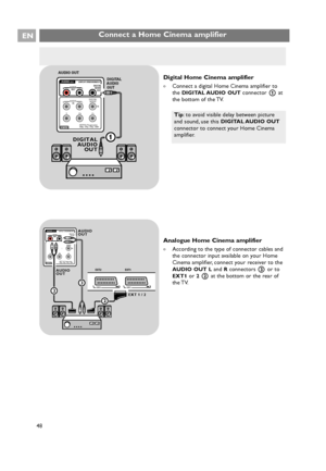 Page 48EN
48
Pr Pb Y
DIGITAL
AUDIO AUDIO
HDTV & Progressive 
DISPLAY SYNCHRONIZED
480p, 576p, 720p, 1080i
IN
IN L R
EXT3
AUDIO OUTAUDIO
OUTL RDIGITAL
AUDIO
OUT
AUDIO OUT
DIGITAL
AUDIO
OUT
DIGITALAUDIOOUT
1
Connect a Home Cinema amplifier
Digital Home Cinema amplifier
