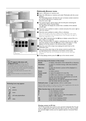 Page 2020
Following icons may appear:
folder
pictures
music
self made playlist/album 
video
Function keys at the bottom of the screen
Detailsto display a description of the selected file or directory;
Transitionsto select if a transition during a slide show should be
applied;
Slide timeto select the duration a picture will be displayed in a
slide show;
Rotateto rotate a picture;
Repeat one/allto repeat the playback of a music file;
Shuffleto shuffle music collections in a random way;
Zoomto select one of the...