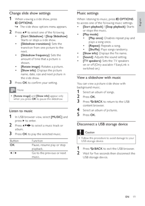 Page 2119
Music settings
When listening to music, press  OPTIONS 
to access one of the following music settings.
• [Start playback] / [Stop playback]: Star ts 
or stops the music.
• [Play mode]: 
• [Play once]: Disables repeat play and 
plays a song once.
• [Repeat]: Repeats a song.
• [Shufﬂe]: Plays songs randomly.
• [Show info]: Displays the ﬁle name.
• [Sound]: Adjusts the sound setting.
• [TV speakers]: Sets the T V speakers 
on or off.(Only available if EasyLink is 
switched on.)
View a slideshow with...