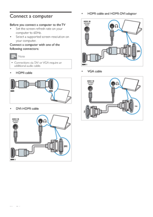 Page 3028
• HDMI cable and HDMI-DVI adaptor
  
• VGA cable
  
DVI
AUDIO INLEFT/RIGHT
VGA/DVI
VGA
VGA
AUDIO INLEFT/RIGHT
VGA/DVI
Connect a computer
Before you connect a computer to the TV
Set the screen refresh rate on your  • 
computer to 60Hz.
Select a suppor ted screen resolution on  • 
your computer.
Connect a computer with one of the 
following connectors:
Note
Connections via DVI or VGA require an   •additional audio cable.
• HDMI cable
  
• DVI - HDMI cable
  
DVI
AUDIO INLEFT/RIGHT
VGA/DVI
EN
 