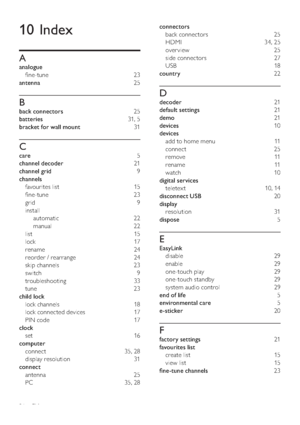 Page 3836
connectors 
back connectors  25
HDMI 34, 25
over view 25
side connectors  27
USB 18
country 22
D
decoder 21
default settings 21
demo 21
devices 10
devices 
add to home menu  11
connect 25
remove 11
rename 11
watch 10
digital services 
teletex t 10, 14
disconnect USB 20
display 
resolution 31
dispose 5
E
EasyLink 
disable 29
enable 29
one-touch play  29
one-touch standby  29
system audio control  29
end of life 5
environmental care 5
e-sticker 20
F
factory settings 21
favourites list 
create list  15...