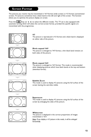 Page 17
13

Screen Format
The pictures you receive may be transmitted in 16:9 format (wide screen) or 4:3 format (conventional screen). 4:3 pictures sometimes have a black band at the left and right of the screen. This function allows you to optimise the picture display on screen.
Press the  key (or Í  Æ) to select the different modes. This TV set is also equipped with automatic turning which will select the correct-screen format, provided the specific signals are 
transmitted with the programmes.
4:3
The...