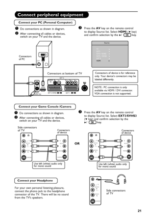 Page 25
21

Connect peripheral equipment
Connectors of device is for reference only. Your device’s connectors may be labeled differently.
Connect your PC (Personal Computer)
3  Press the AV key on the remote control    
  to display Source list. Select HDMI (ï key)    and confirm selection by the Æ/   key.
1  Do connections as shown in diagram.
2 After connecting all cables or devices,   switch on your TV and the device.
NOTE : PC connection is only available via HDMI / DVI connector. VGA connection is not...