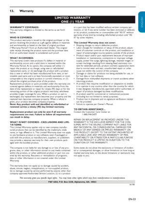 Page 34EN-33
ENGLISH
FRANÇAISE
ESPAÑOL
2
P&F USA, P.O. Box 2248, Alpharetta, GA. 30023
LIMITED WARRANTY
ONE (1) YEAR
WARRANTY COVERAGE:
This warranty obligation is limited to the terms as set forth
below.
WHO IS COVERED: 
This product warranty is issued to the original purchaser or the
person receiving the product as a gift against defects in materials
and workmanship as based on the date of original purchase
(“Warranty Period”) from an Authorized Dealer. The original
sales receipt showing the product name and...